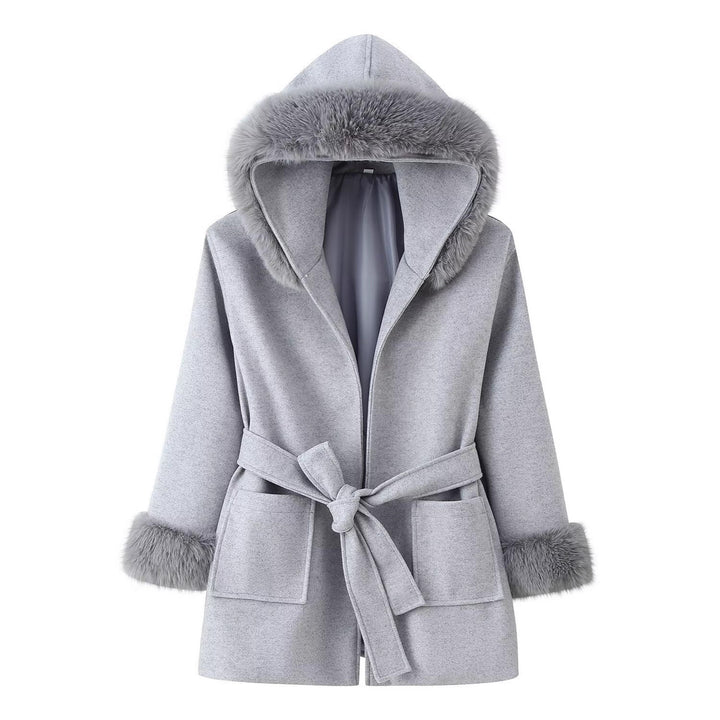 Women's Hooded Wool Blend Coat with Tie Belt and Faux Fur Trim Mune Fashion