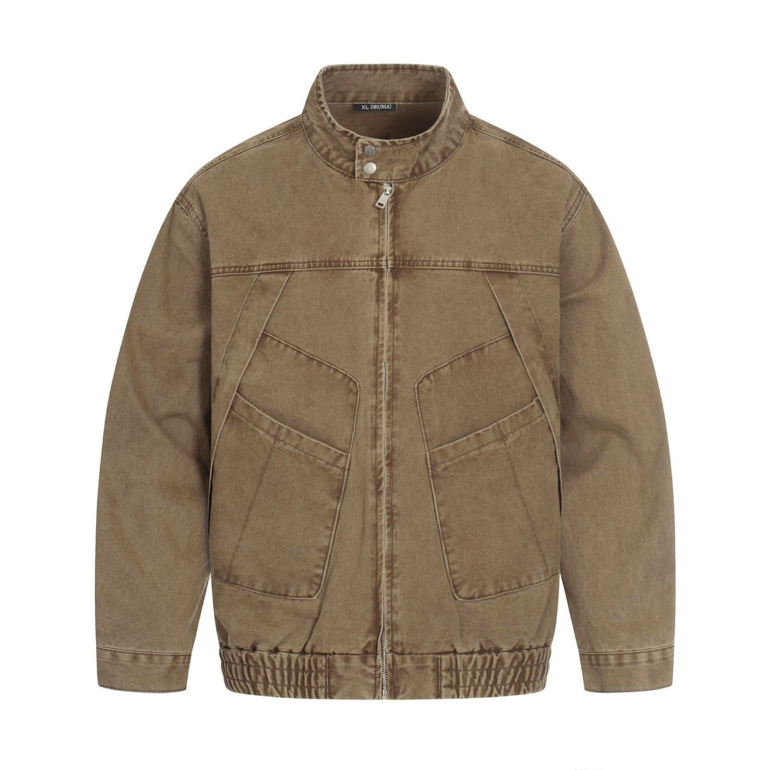 Men's short-cut field bomber in vintage canvas with stand-up collar and large flap pockets
