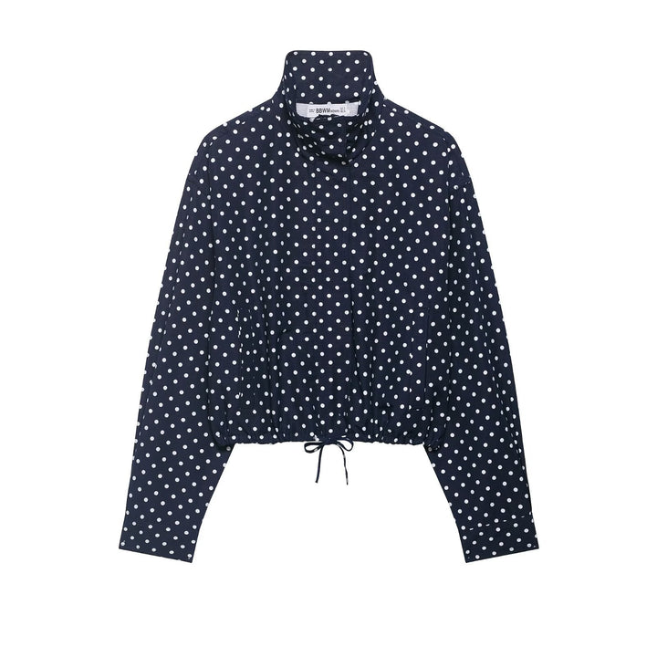 Women's Polka Dot Cropped Blouse Jacket with Stand Collar, Drawstring and Side Pockets Mune Fashion