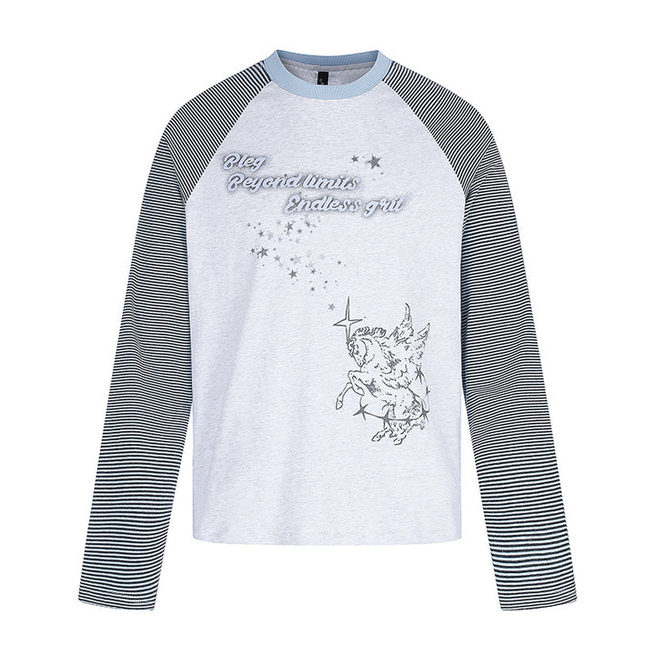 Women's raglan long sleeve shirt in astral motif with fine striped sleeves and relief print Mune Fashion