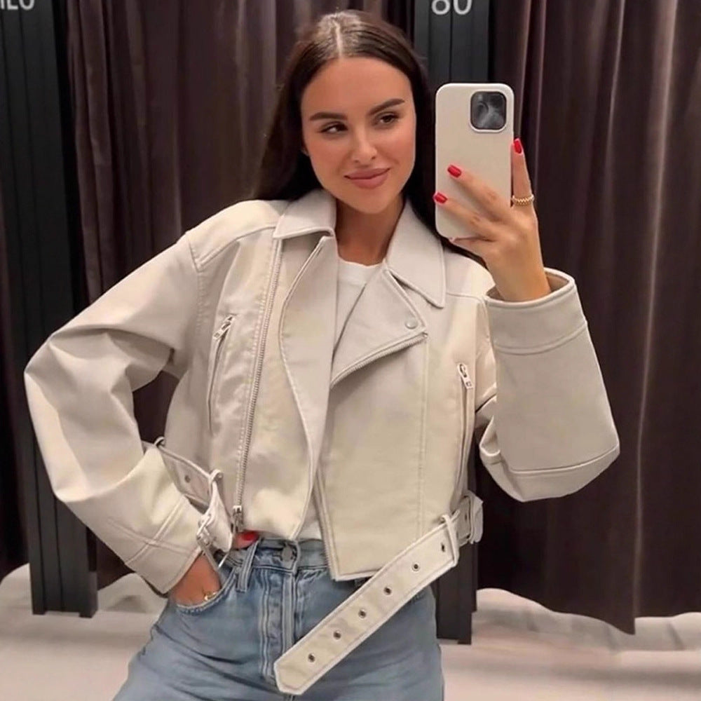 Women Short-Cut Biker Jacket Made of Faux Leather with Waist Belt Mune Fashion