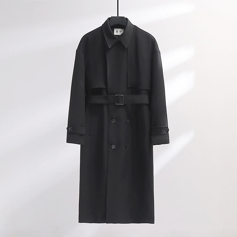 Men's Long Double-Breasted Trench Coat with Waist Belt and Oversized Shawl Collar Mune Fashion