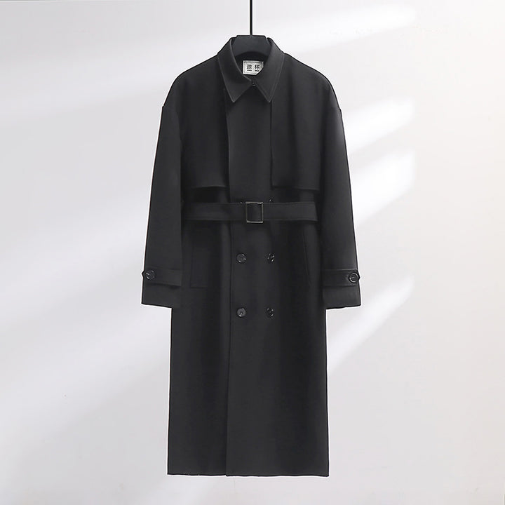 Men's Long Double-Breasted Trench Coat with Waist Belt and Oversized Shawl Collar Mune Fashion