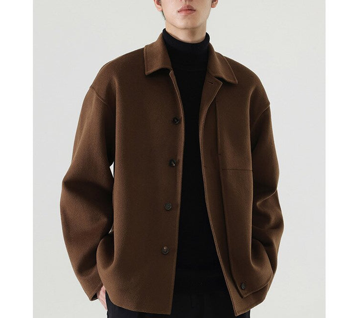 Men's Boxy Wool Blend Shirt Jacket with Full Button Placket and Dropped Shoulder Mune Fashion