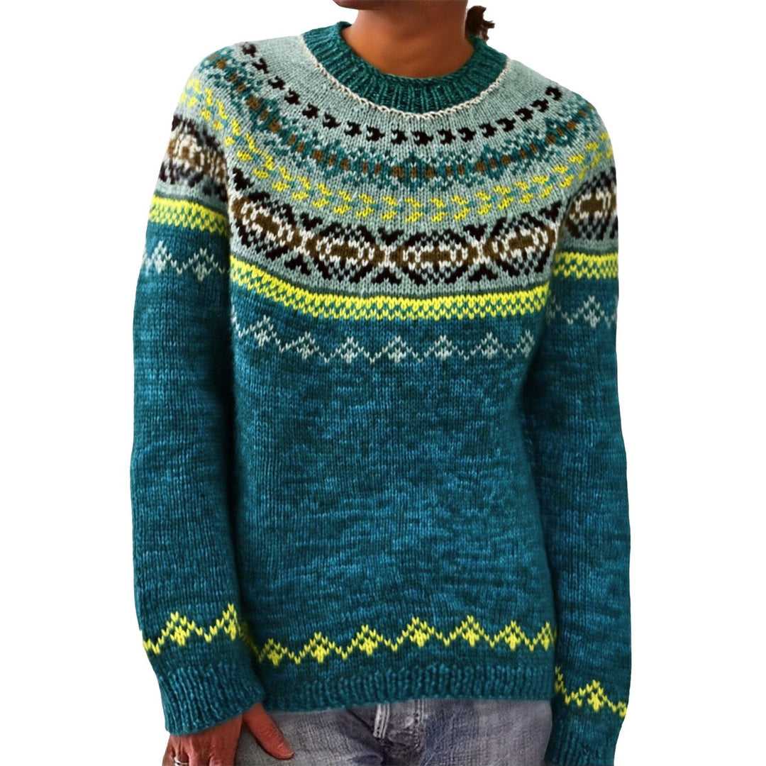Women's gray marled round neck sweater with circular jacquard yoke and ribbed hem Mune Fashion