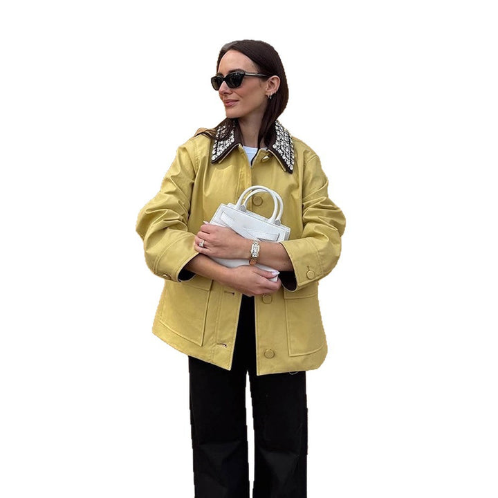Women's Boxy Transitional Jacket with Embellished Decorative Collar and Patch Pockets Mune Fashion