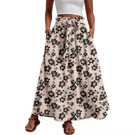 Women's maxi skirt with paperbag waist, tie belt and side pockets Mune Fashion