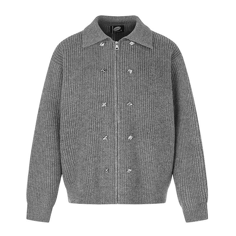Women's chunky knit zip jacket with shirt collar and decorative buttons Mune Fashion