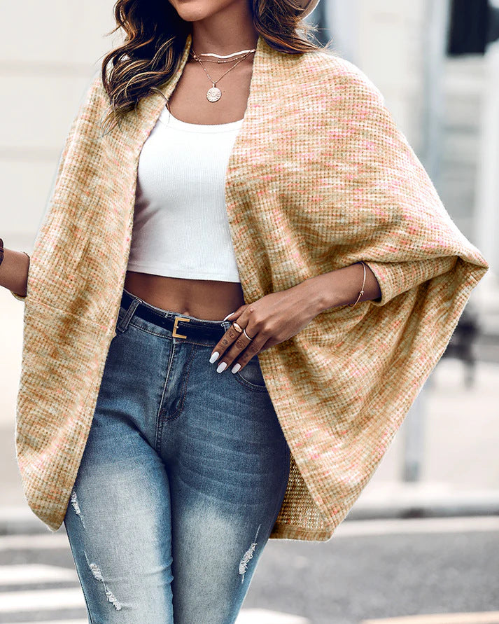 Women Oversized Knit Poncho with Open Front and Boucle Structure Drune