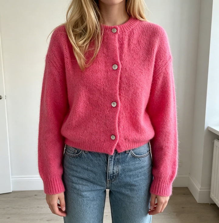 Women's Cozy Mohair-Look Cardigan with Round Neck and Balloon Sleeves Mune Fashion