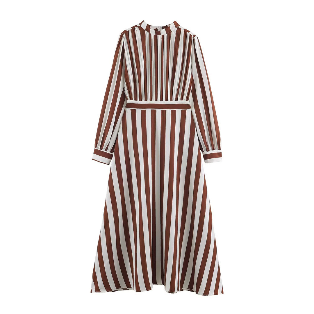 Women's Striped Midi Dress with Stand-up Collar, Tailored Belt and Flared A-Line Skirt Mune Fashion