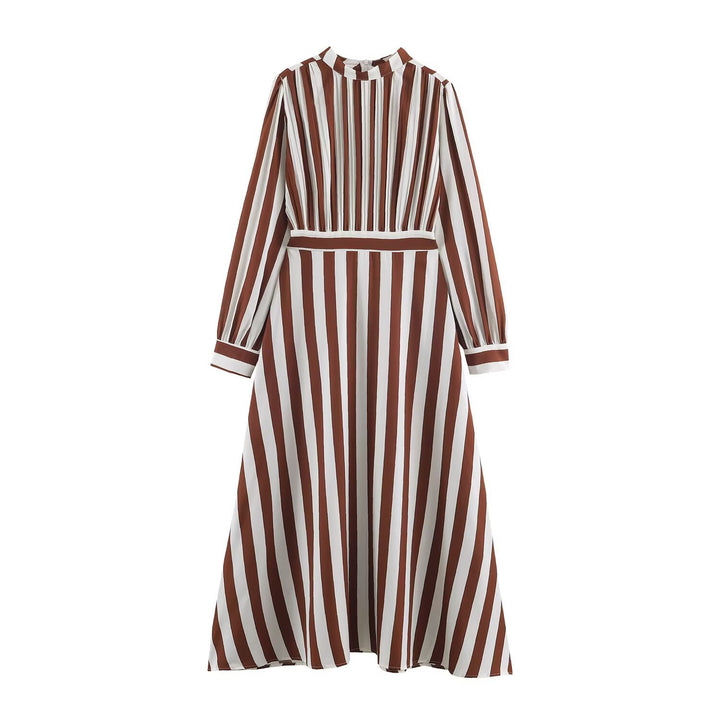 Women's Striped Midi Dress with Stand-up Collar, Tailored Belt and Flared A-Line Skirt Mune Fashion
