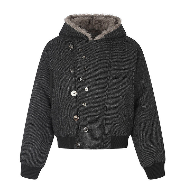Women's hooded bomber jacket with faux fur lining, asymmetrical multi-button placket, and ribbed hem Mune Fashion