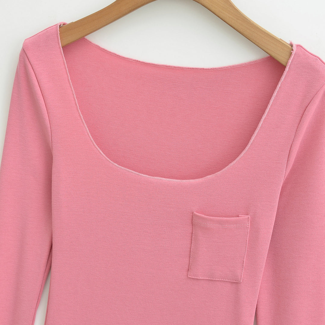 Women's fitted ribbed long-sleeve shirt with wide square neckline and chest pocket Mune Fashion
