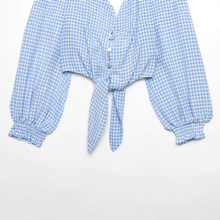Women's Cropped Tie Shirt with Vichy Check, Ruffle Hem and Balloon Sleeves Mune Fashion