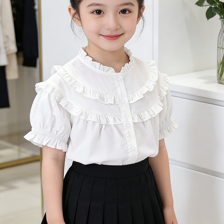 Girls Ruffled Blouse with Elegant Collar Mune Fashion