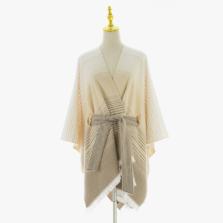 Ladies wrap poncho made of fine knit with tie belt and fringed hem Mune Fashion