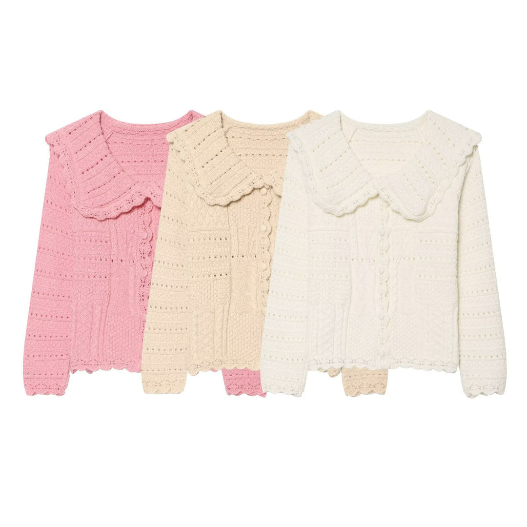 Women’s knitted cardigan with large scallop collar, textured pattern, and decorative button placket Mune Fashion