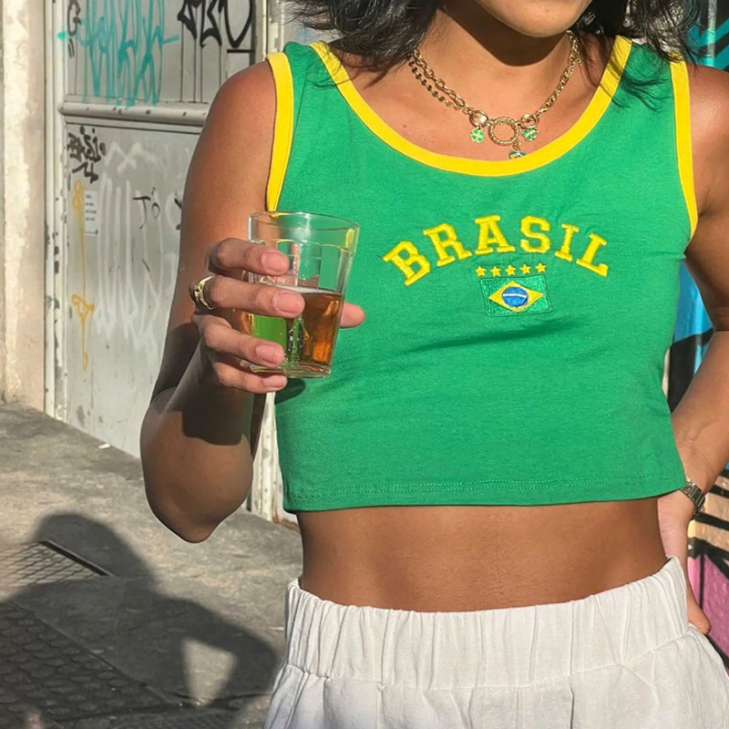 Women's short cotton crop shirt with round neck and Brazil print Mune Fashion