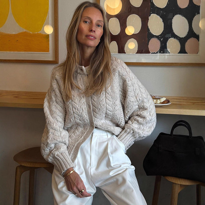 Women Chunky Knit Cable Pattern Cardigan with Balloon Sleeves Mune Fashion