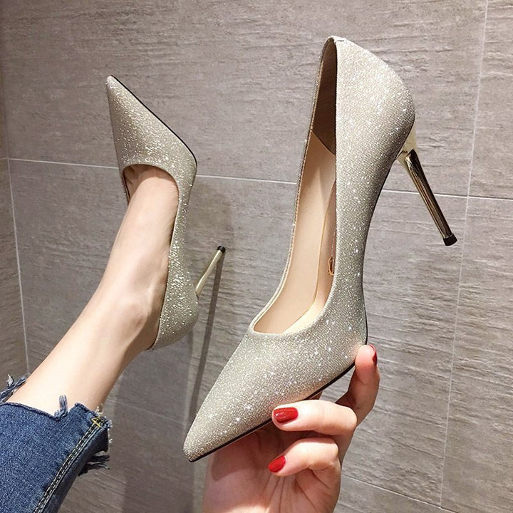 Ladies glamorous lace stiletto pumps with glitter surface and ergonomic comfort insole Mune Fashion