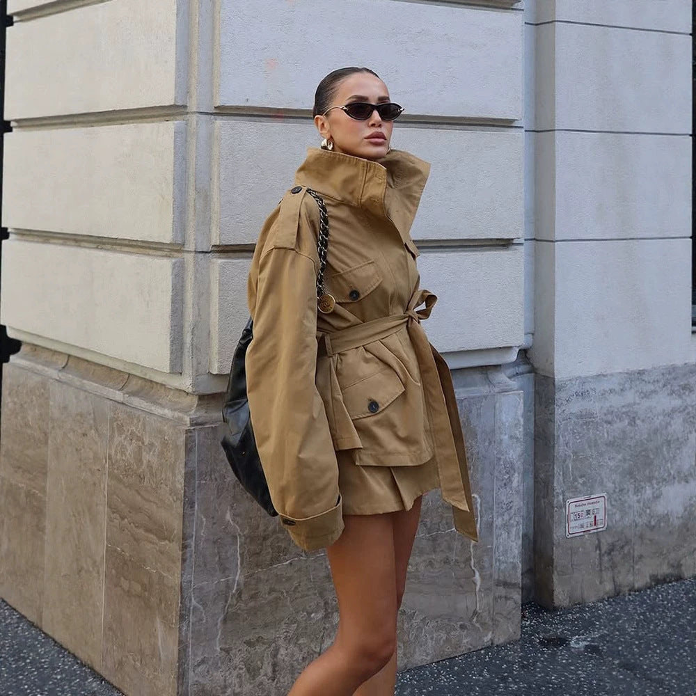 Women's Tailored Utility Jacket with Tie Belt, High Stand Collar and Flap Pockets Mune Fashion