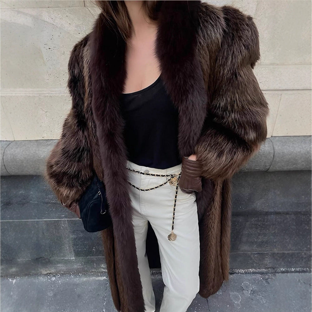 Women Luxurious Long Fur Coat with Wide Collar and Voluminous Sleeves Mune Fashion