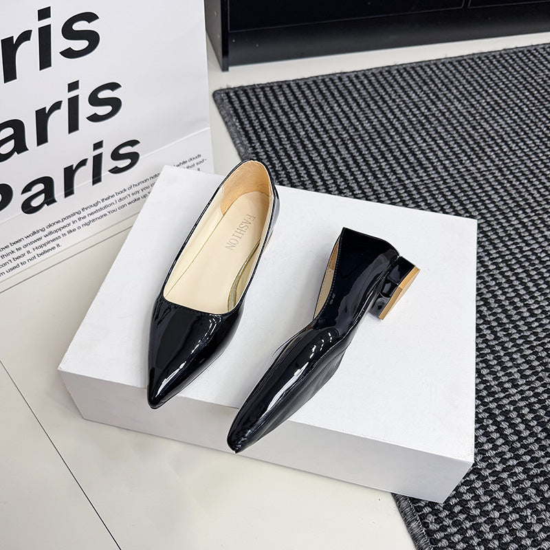 Women's patent pumps with pointed toe shape, padded comfort insole, and short block heel Mune Fashion