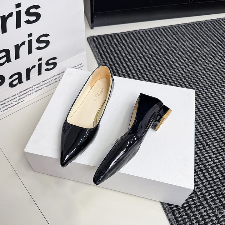 Women's patent pumps with pointed toe shape, padded comfort insole, and short block heel Mune Fashion