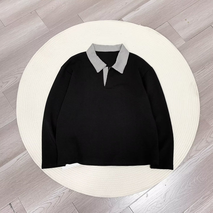 Women's Long Sleeve Polo Shirt with Contrasting Houndstooth Pattern Collar Mune Fashion