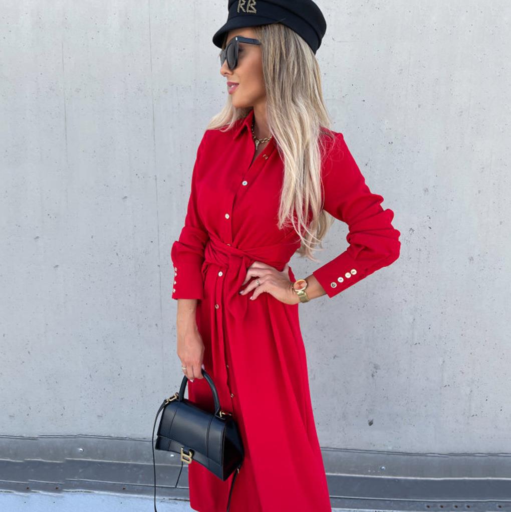 Women's Tailored Shirt Blouse Midi Dress with Tied Belt, Cuffs and Front Slit Mune Fashion