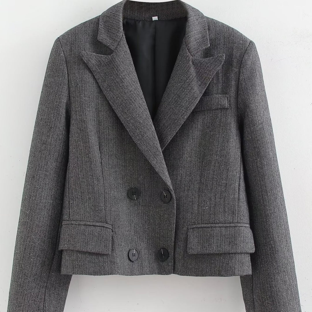 Women Short Cut Double Breasted Blazer in Houndstooth Pattern Mune Fashion