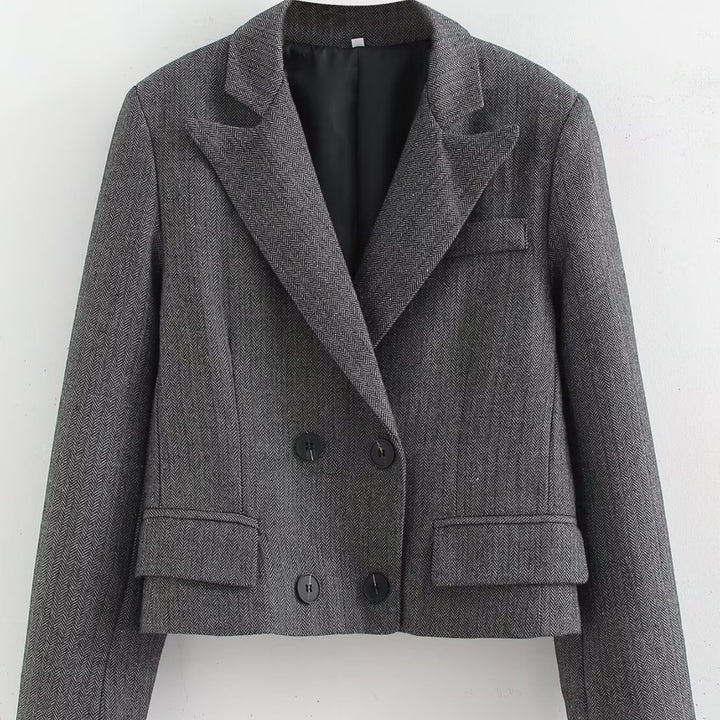 Women Short Cut Double Breasted Blazer in Houndstooth Pattern Mune Fashion