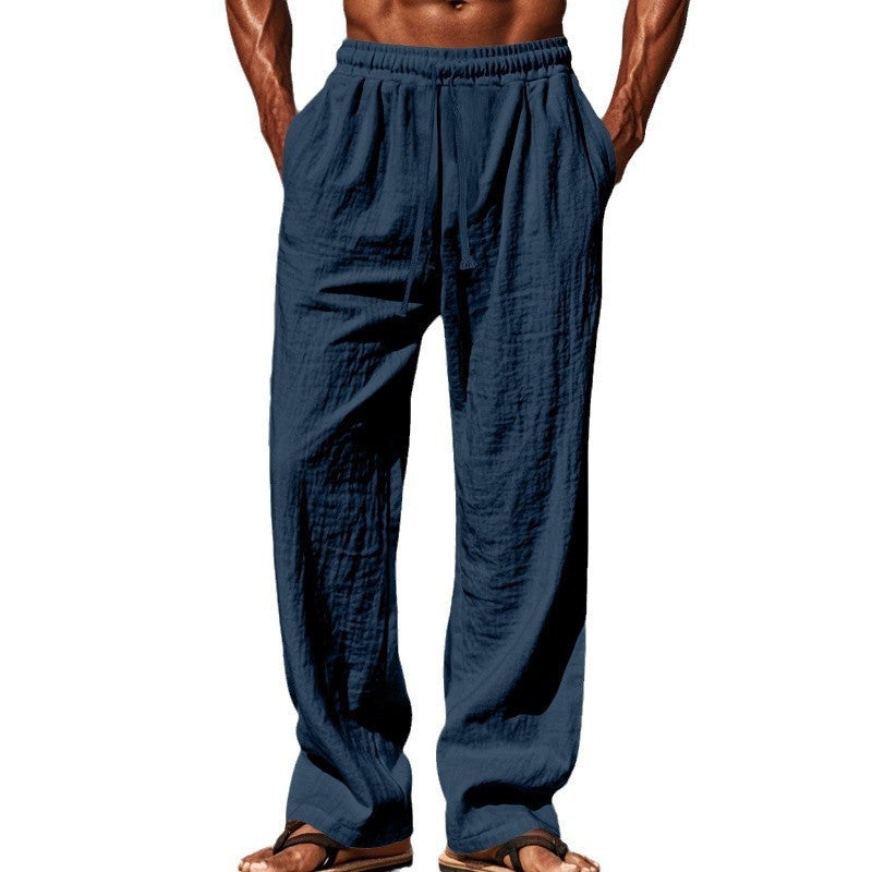 Men's loose linen lounge pants with elastic drawstring waistband, cord drawstring, and straight leg Mune Fashion