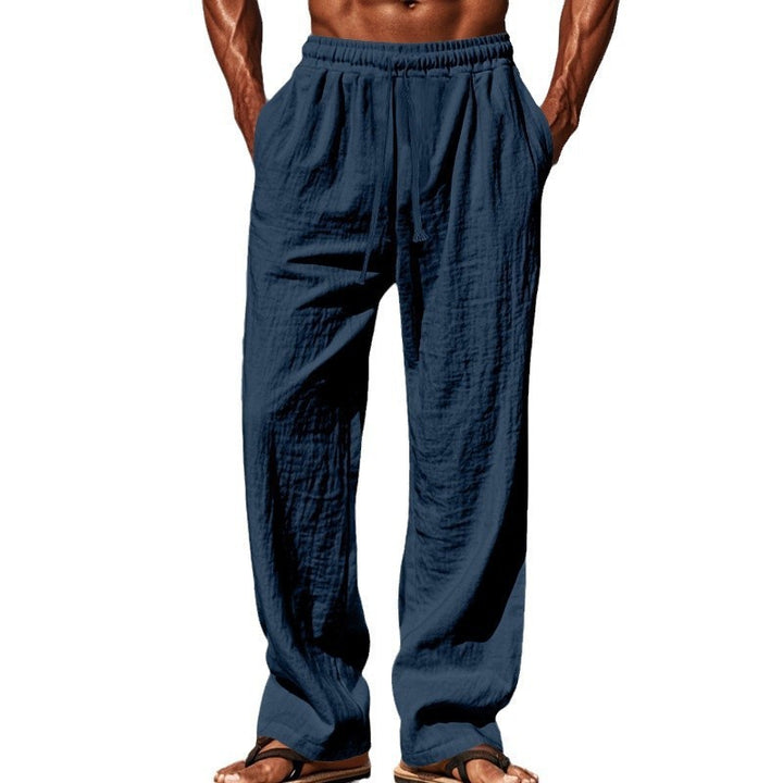 Men's loose linen lounge pants with elastic drawstring waistband, cord drawstring, and straight leg Mune Fashion
