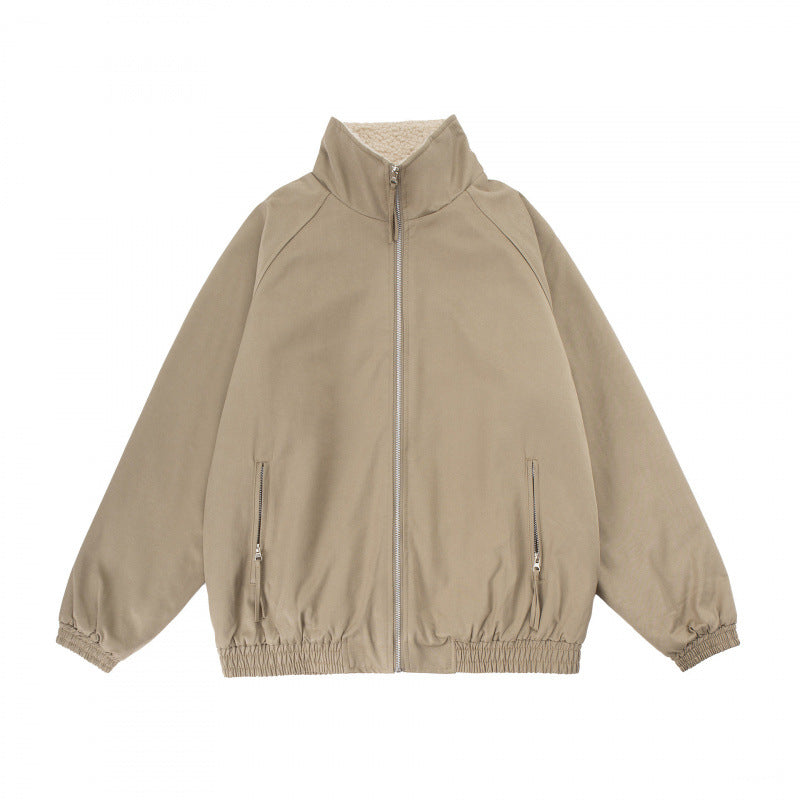 Men's Oversize Zip Jacket with Stand-up Collar, Teddy Fleece Lining and Elastic Hem Mune Fashion