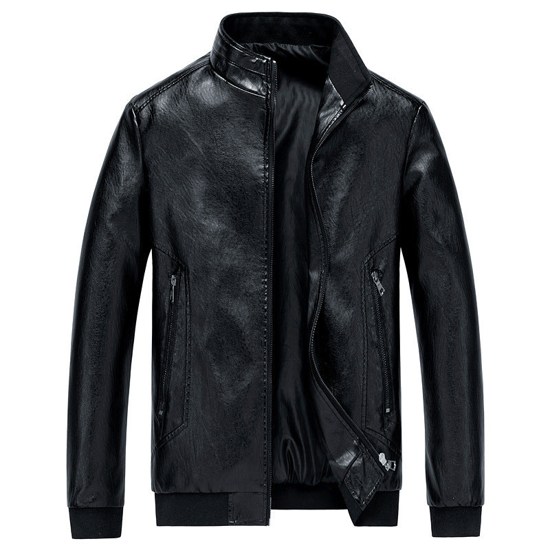 Men's Shiny Faux Leather Blouson in Slim Bomber Cut with Stand-Up Collar and Concealed Zip Placket Mune Fashion