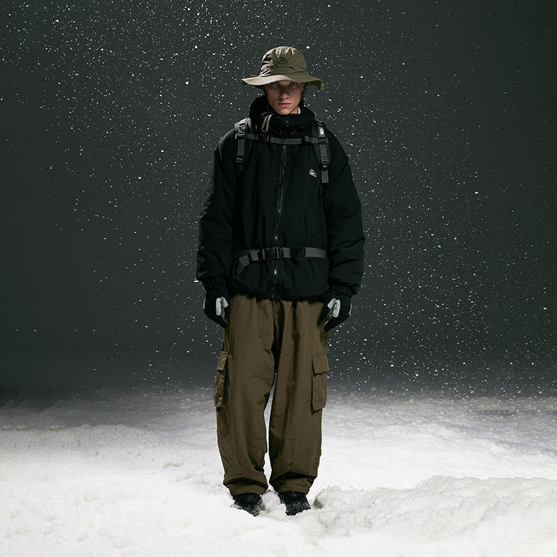 Men's Padded Tech Outdoor Jacket with Adjustable Waist Belt, Utility Attachments and Hidden Hood Mune Fashion