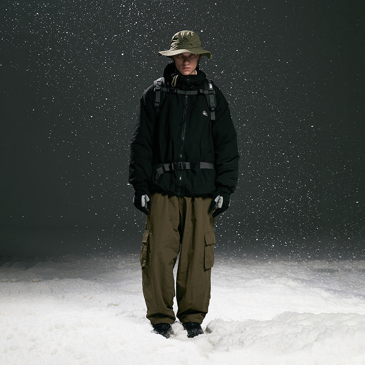 Men's Padded Tech Outdoor Jacket with Adjustable Waist Belt, Utility Attachments and Hidden Hood Mune Fashion