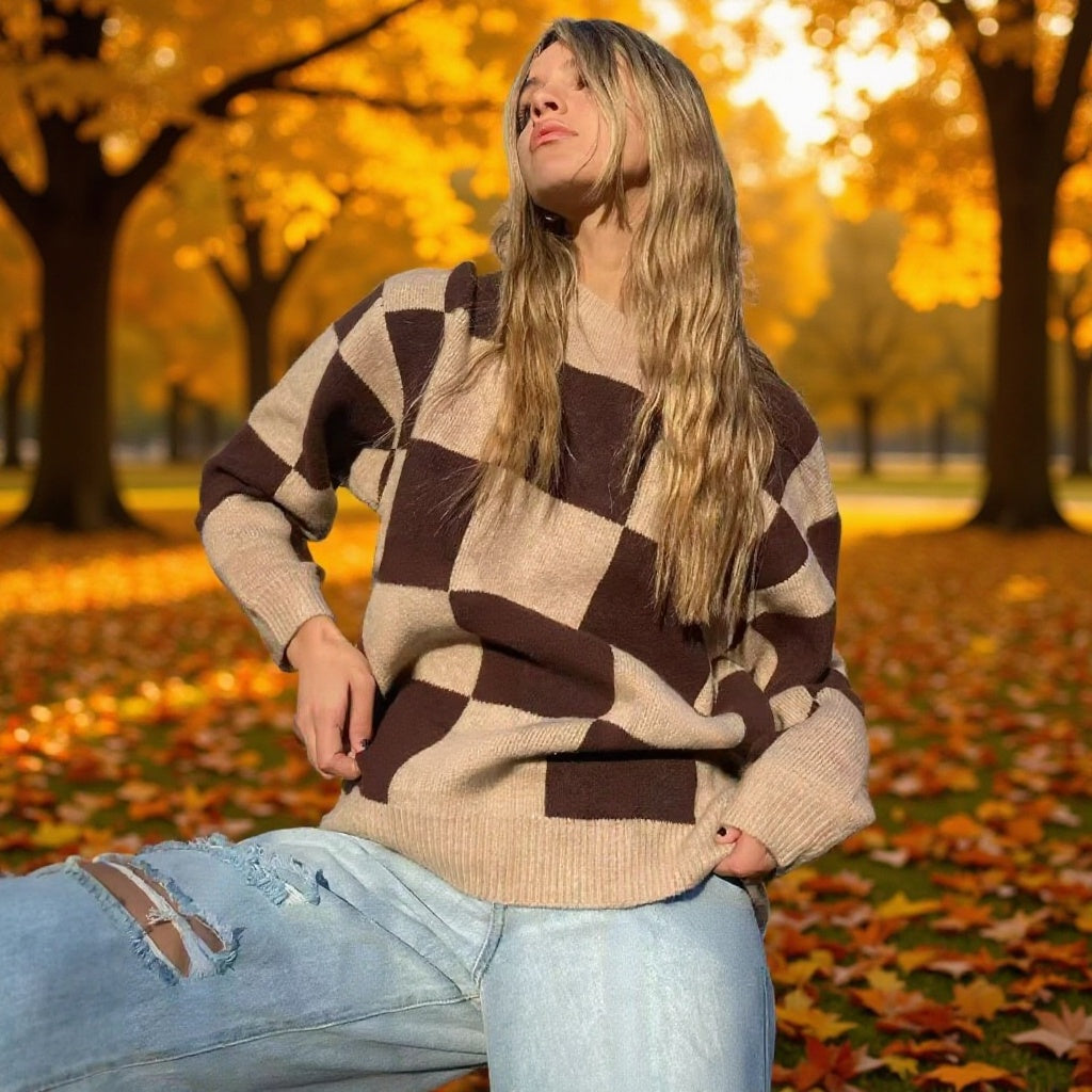 Women's Oversize Knit Sweater with Large Check Pattern and Ribbed Hem Mune Fashion