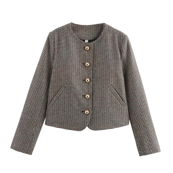 Women's tailored short jacket in houndstooth pattern with golden decorative buttons and angled pockets Mune Fashion