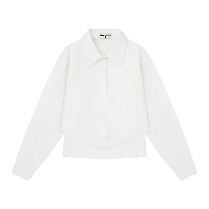 Women's cropped layered shirt with wide Kent collar and extended back Mune Fashion