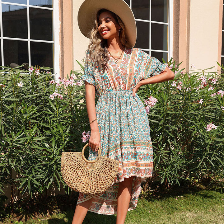 Women's Lightweight Midi Dress with Paisley Print, Elastic Waistband and Asymmetrical Hem Mune Fashion