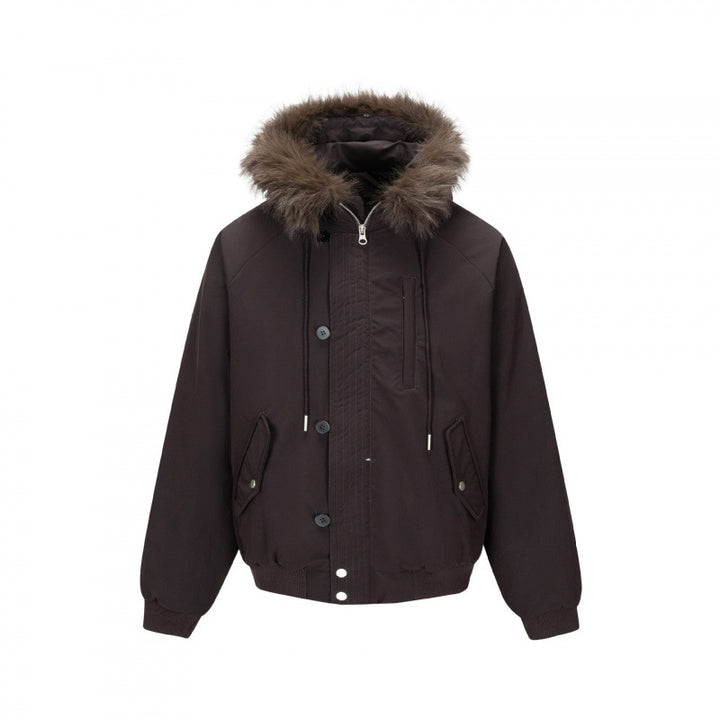 Men's short-cut thermo bomber jacket with detachable hood and faux fur collar Mune Fashion