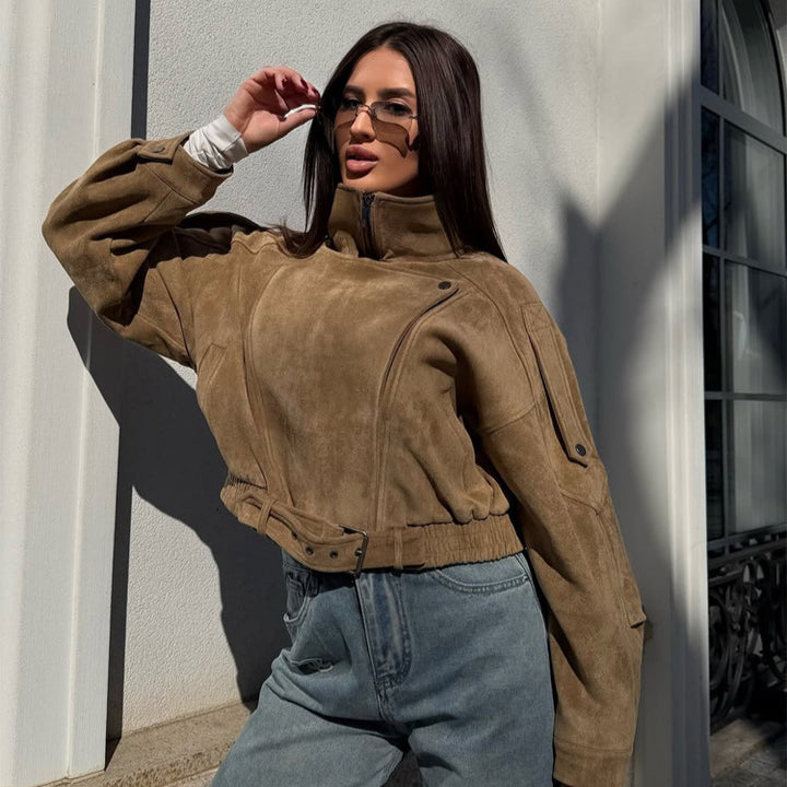 Ladies short-cut suede bomber jacket with belt & oversized sleeves Mune Fashion