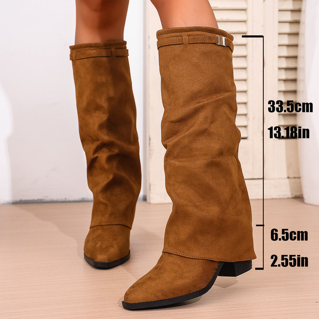 Women knee-length slouch boots with pointed toe and low block heel Mune Fashion