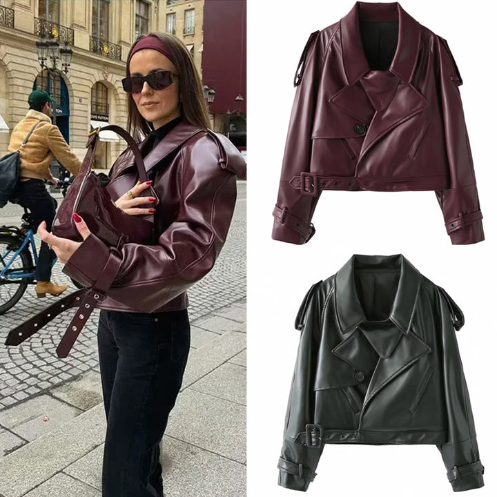 Women's cropped faux leather trench blouson with shawl collar, belt and adjustable cuff straps Mune Fashion