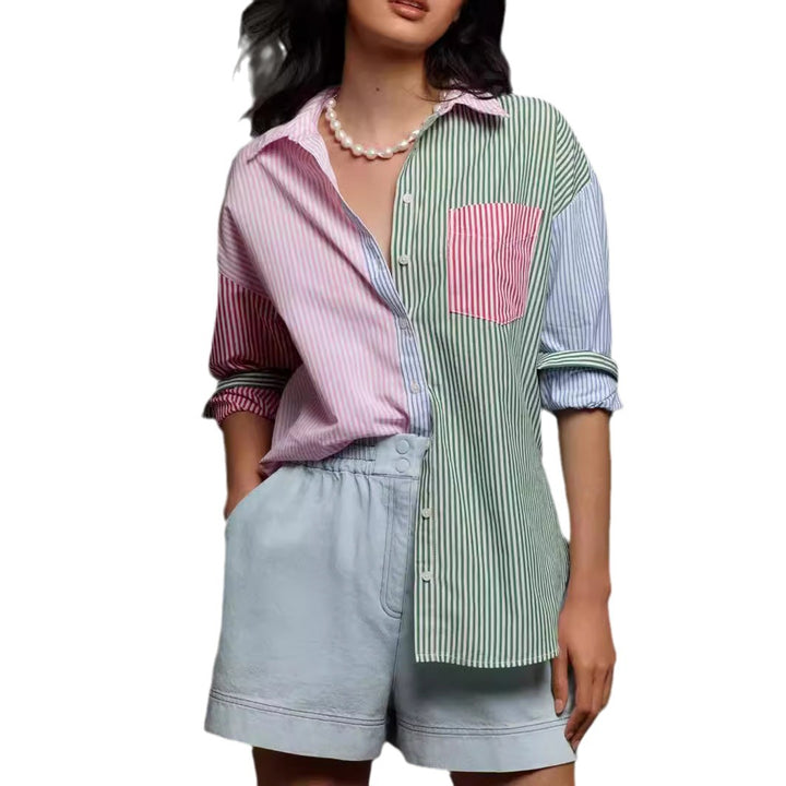 Women’s Patchwork Striped Oversize Shirt Blouse with Chest Pocket Mune Fashion