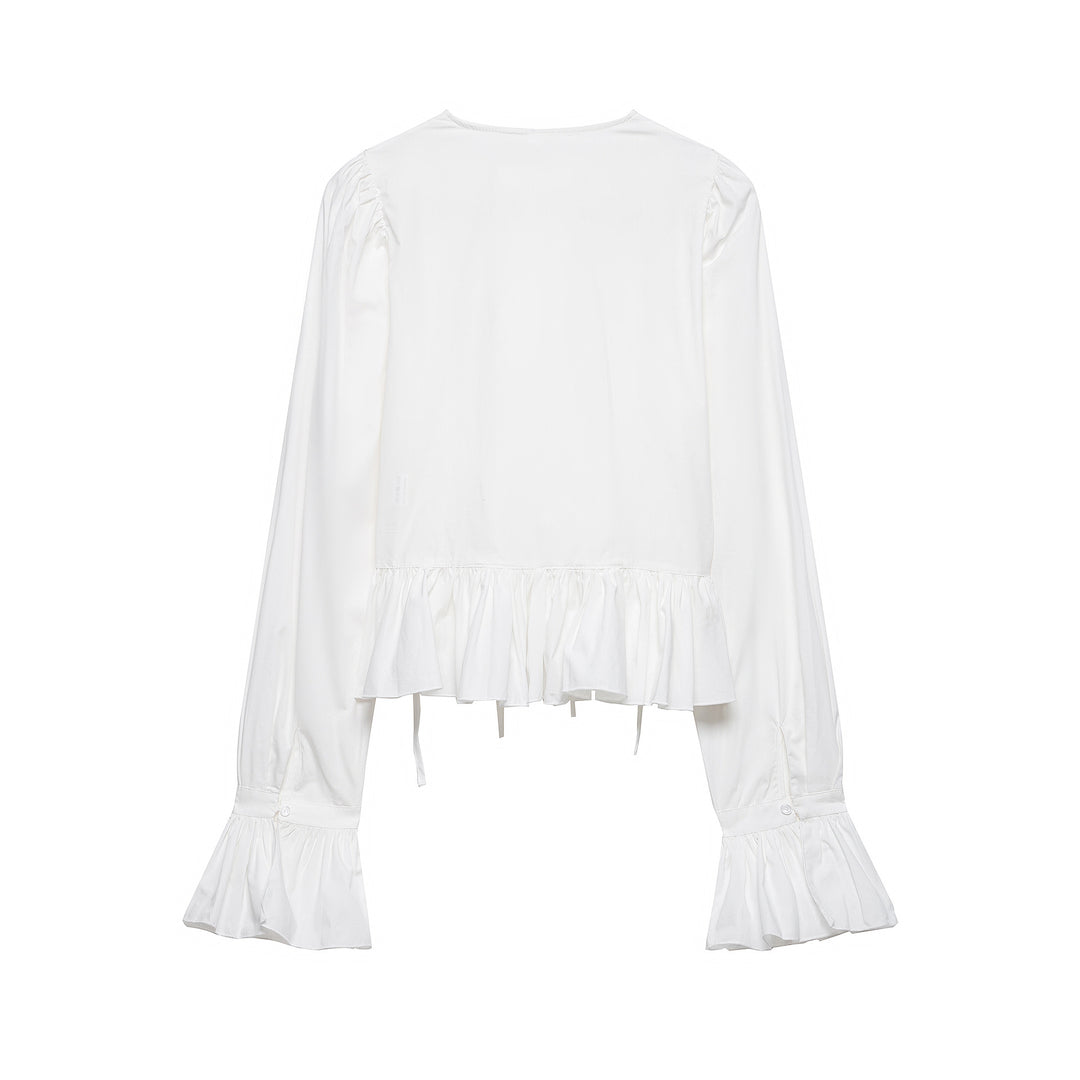 Women's Short Gathered Blouse with Drawstring, Ruffles, and Balloon Sleeves Mune Fashion