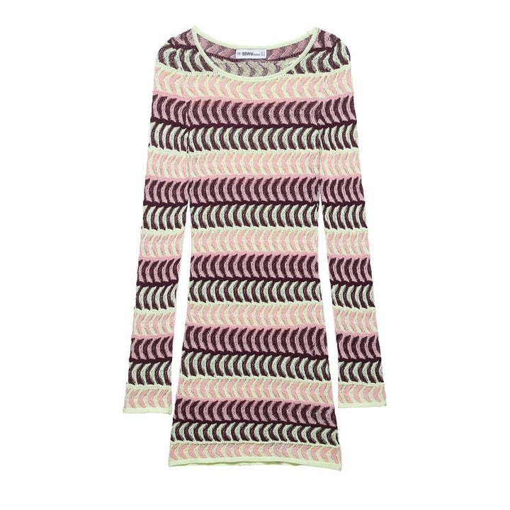 Women's knitted fine-knit mini dress with transparent wave structure pattern and round neckline Mune Fashion
